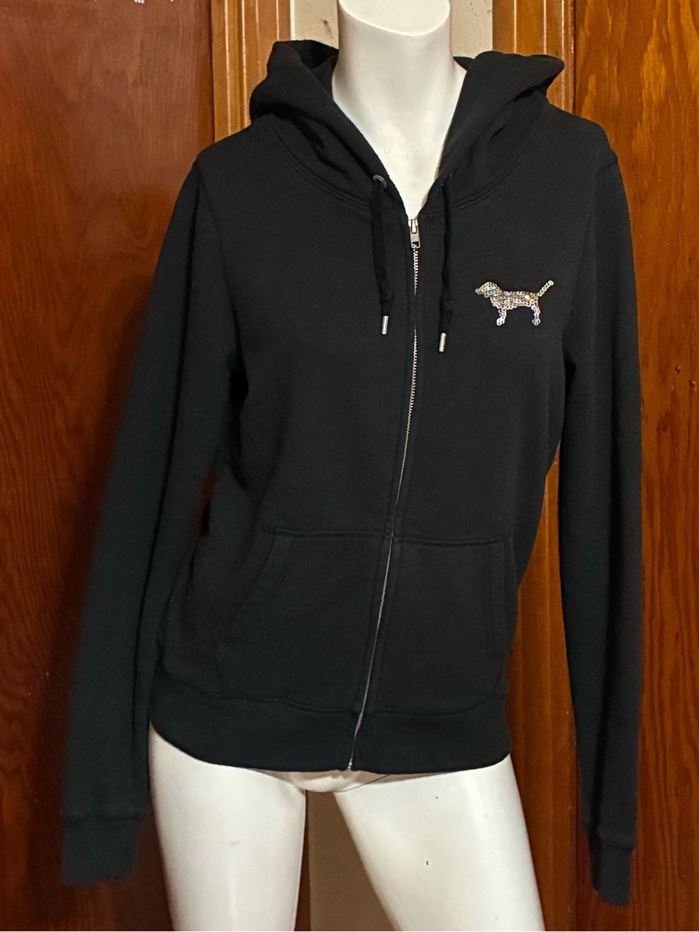 ****SOLD**** VS PINK Black w/ Iridescent Sequin ‘Love Pink 86’ Zip Up Hoodie - Picture 4 of 6